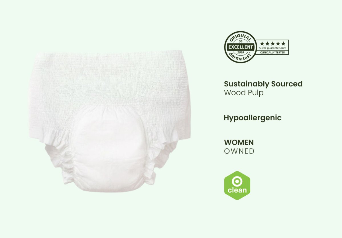 Parasol Co Recovery Care™ postpartum underwear with soft absorbent core, hypoallergenic design, sustainably sourced wood pulp, women-owned brand, dermatologist tested disposable postpartum recovery underwear for postpartum bleeding, C-section recovery, and new mom care.