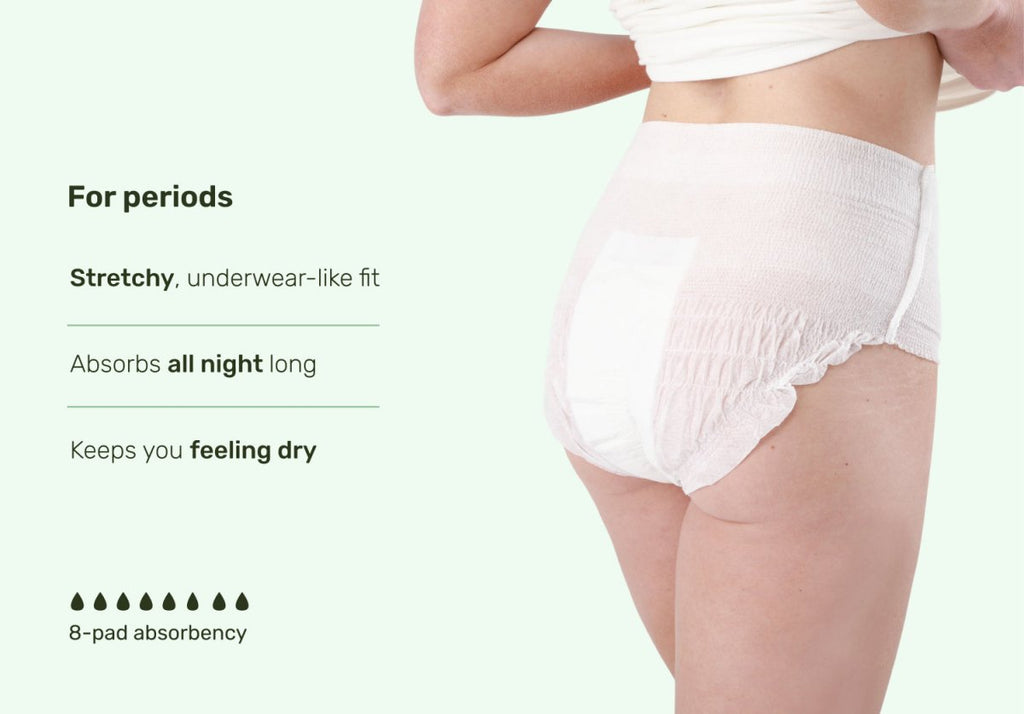 Parasol Recovery Care™ Postpartum Underwear with soft, stretchy high-waist design, ultra-absorbent built-in pad equivalent to eight regular pads, breathable leak protection for postpartum recovery, heavy periods, and bladder leaks.
