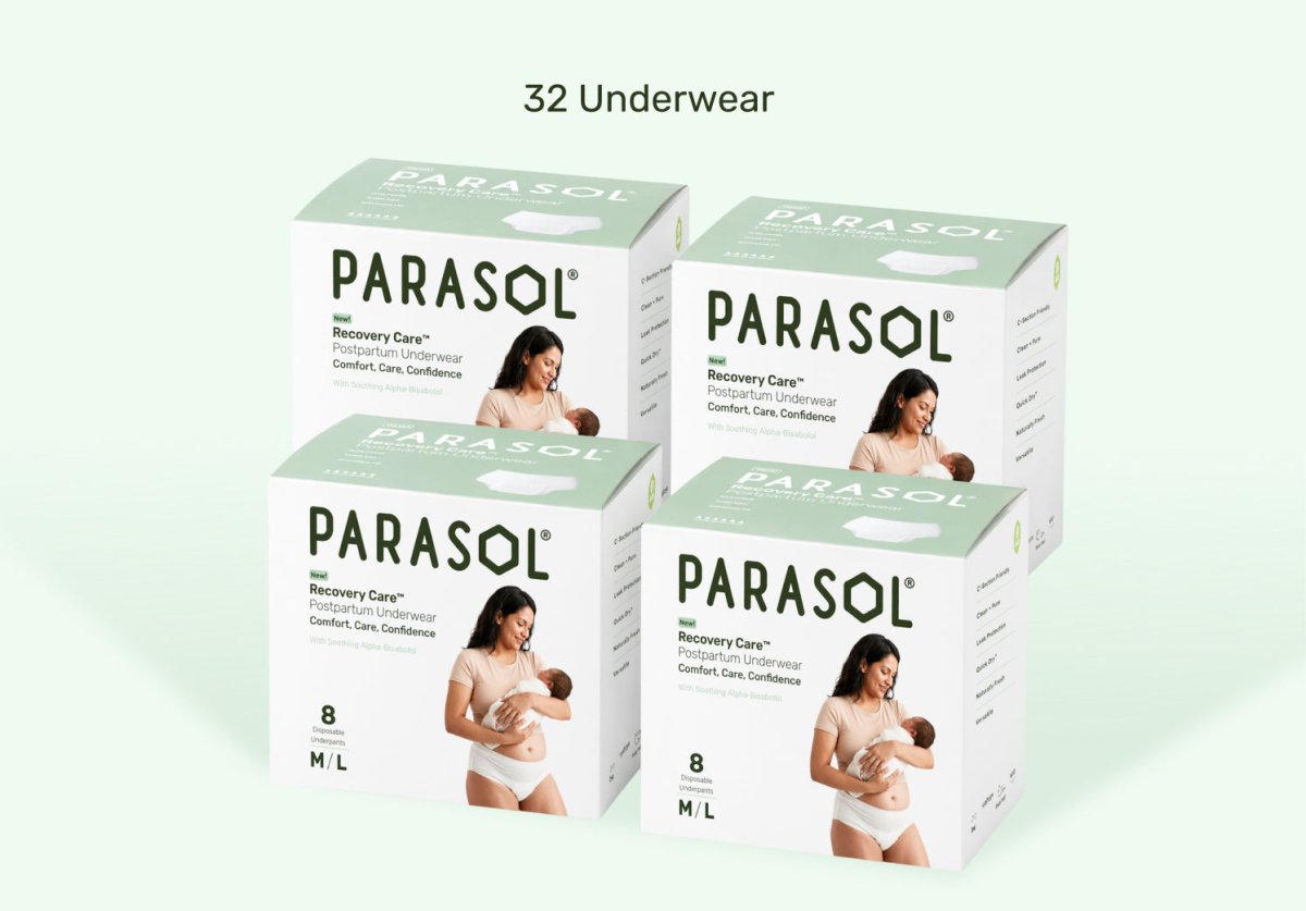 Parasol Recovery Care™ Postpartum Underwear 32-count multipack featuring four boxes of soft, high-absorbency disposable underwear designed for postpartum recovery, heavy menstrual flow, bladder leaks, and overnight protection.