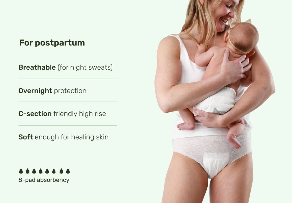 Woman holding her baby while wearing high-rise Parasol Recovery Care™ postpartum underwear with breathable, overnight 8-pad absorbency, C-section-friendly support, and a soft healing-skin design.