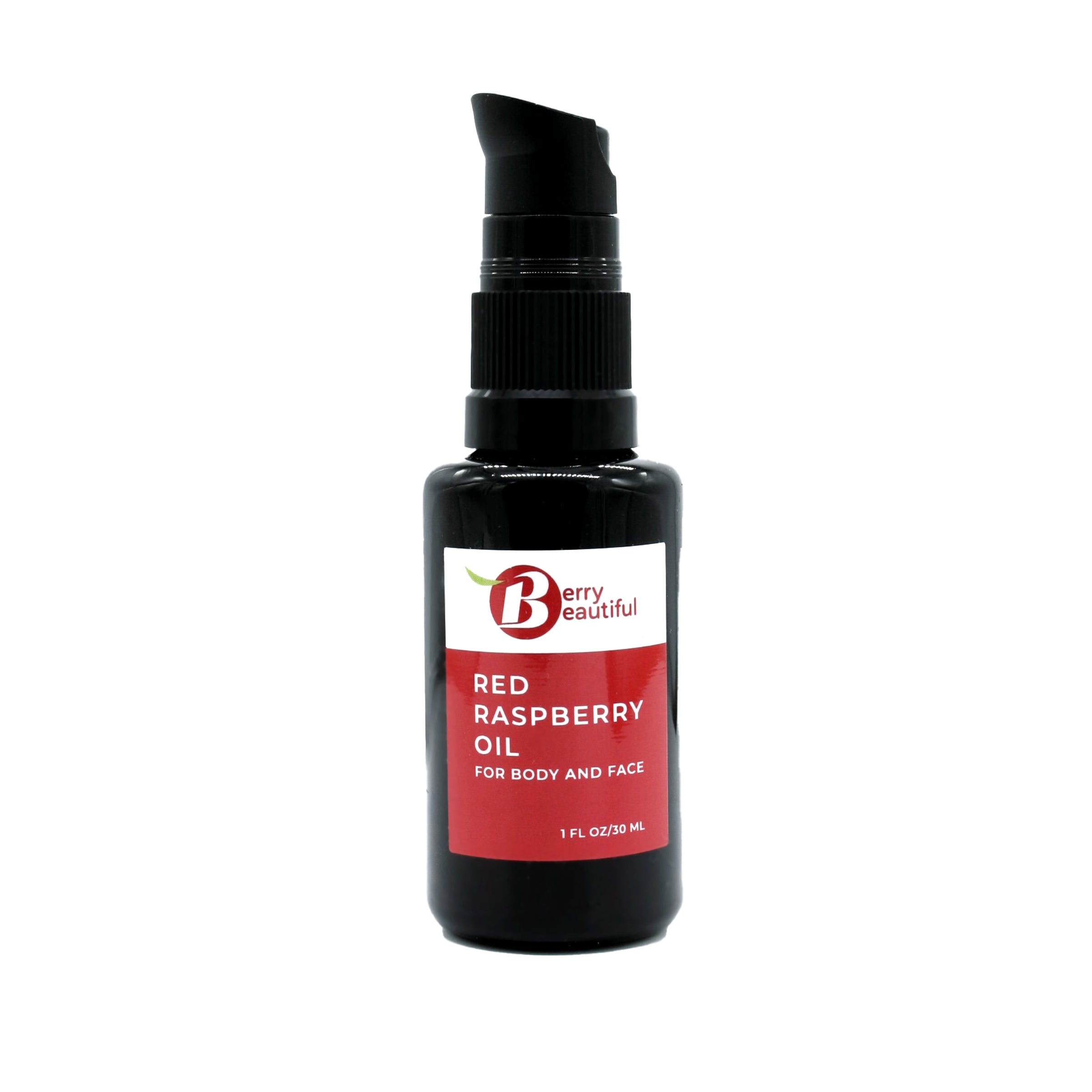Black bottle of Red Raspberry Oil with a red label on a white background