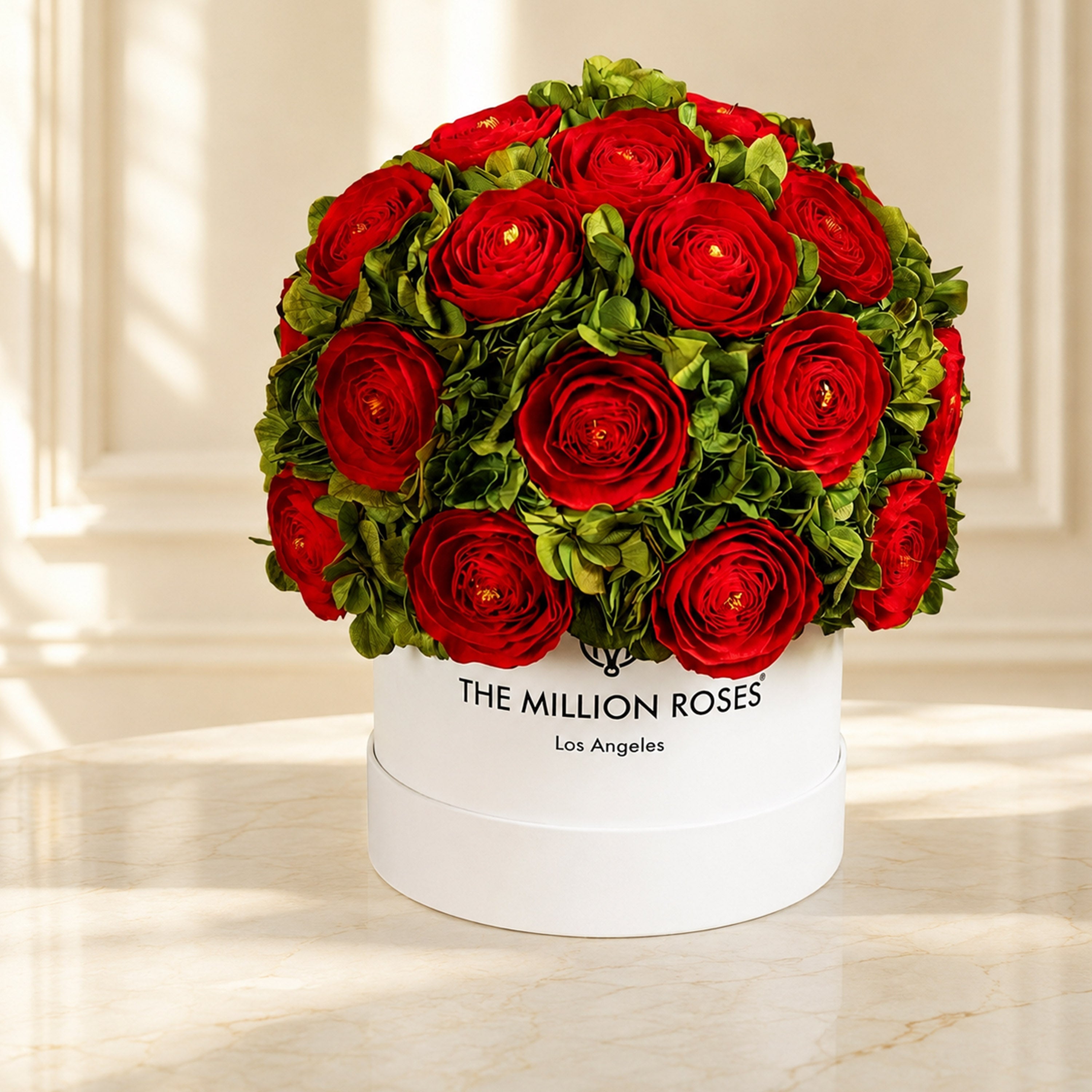 Classic White Box | Red Persian Buttercups & Green Hydrangeas