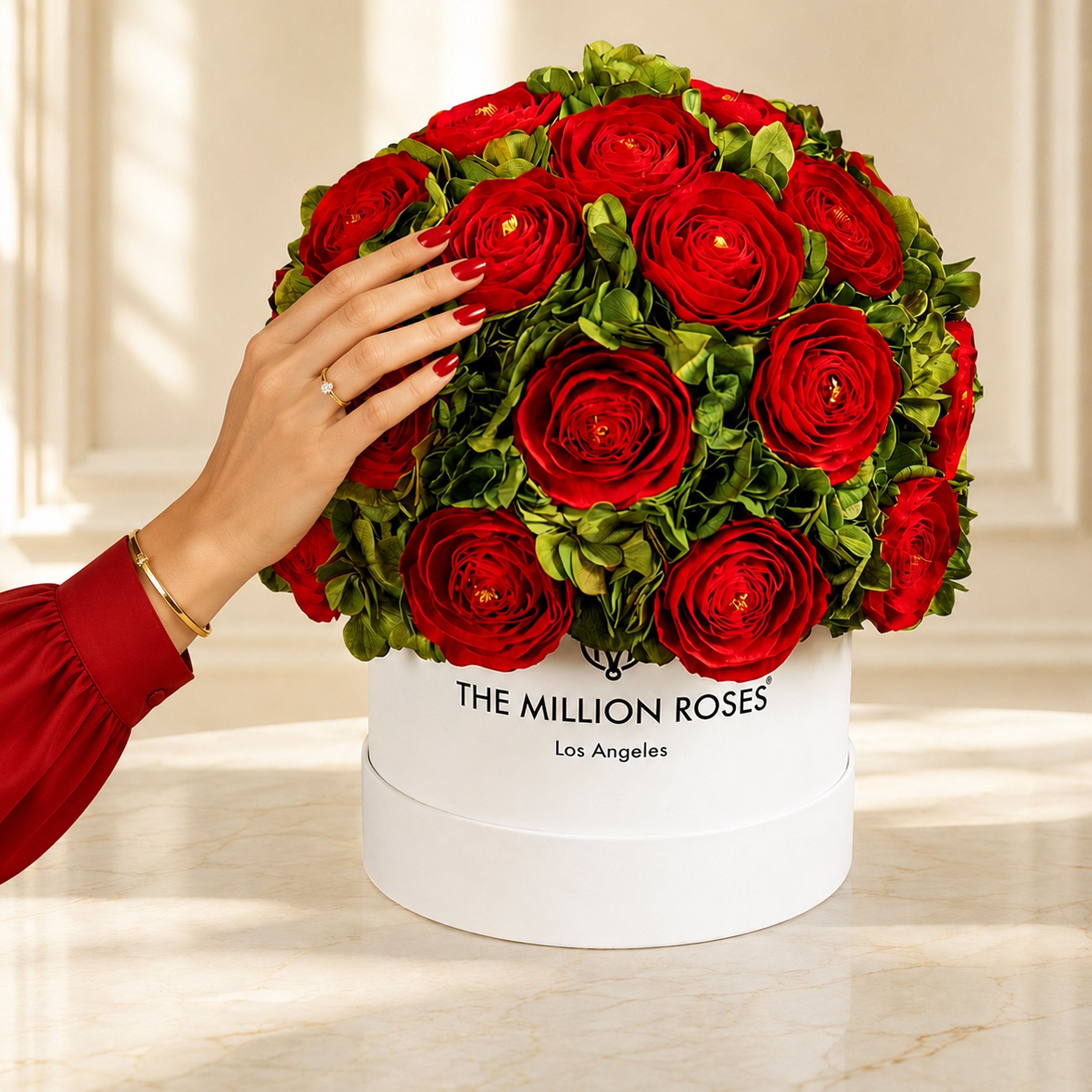 Classic White Box | Red Persian Buttercups & Green Hydrangeas