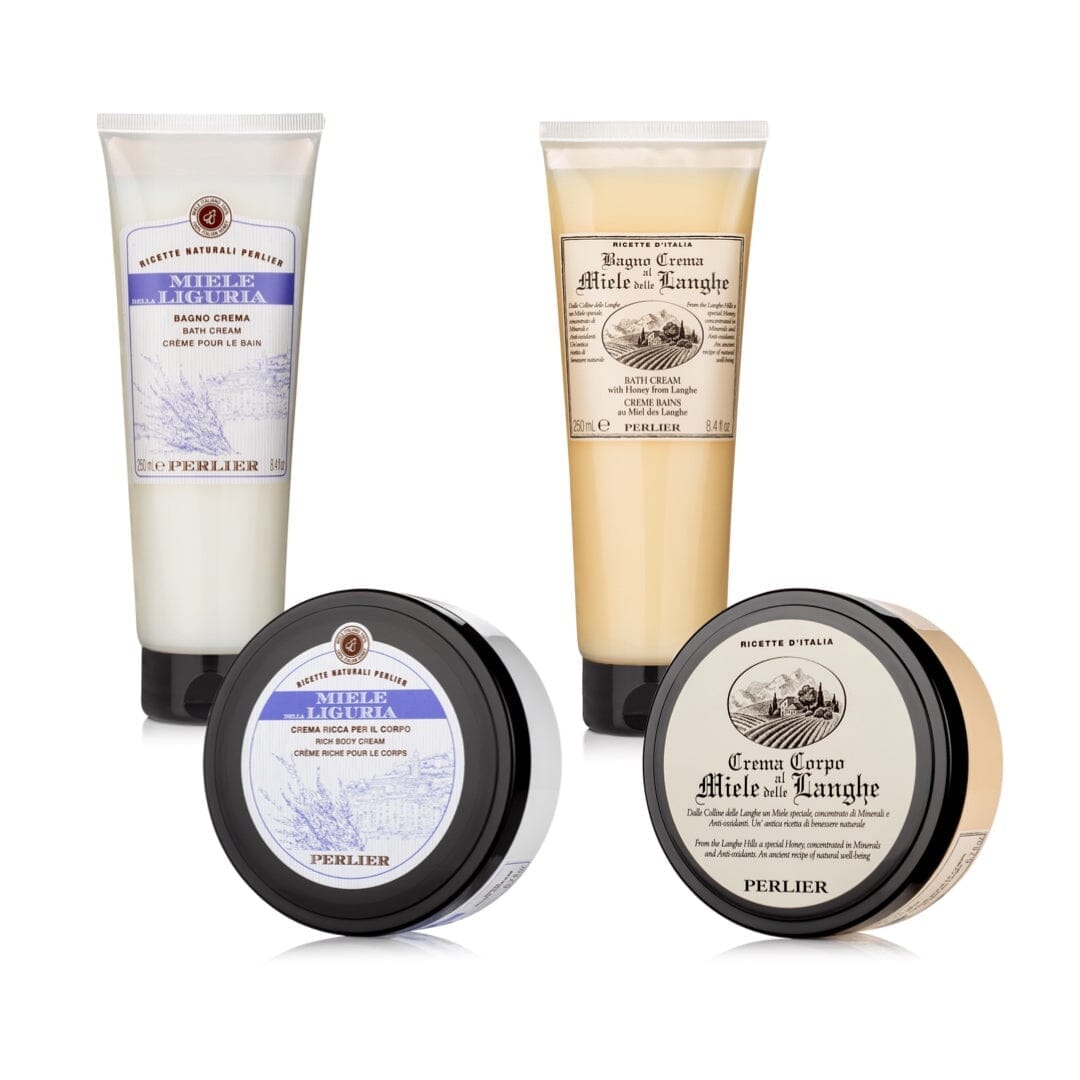 Perlier Regional Honey Bath & Body Bundle featuring Miele di Liguria and Langhe honey bath creams and body creams in tubes and jars, 4-piece Italian skincare gift set