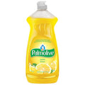 Palmolive Lemon Dish Soap, Regular Density, 828 mL bottle with fresh lemon scent in a clear yellow bottle on a white background. Bulk pack of 9 heavy-duty grease-cutting dishwashing liquid.