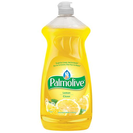 Palmolive Lemon Dish Soap, Regular Density, 828 mL bottle with fresh lemon scent in a clear yellow bottle on a white background. Bulk pack of 9 heavy-duty grease-cutting dishwashing liquid.