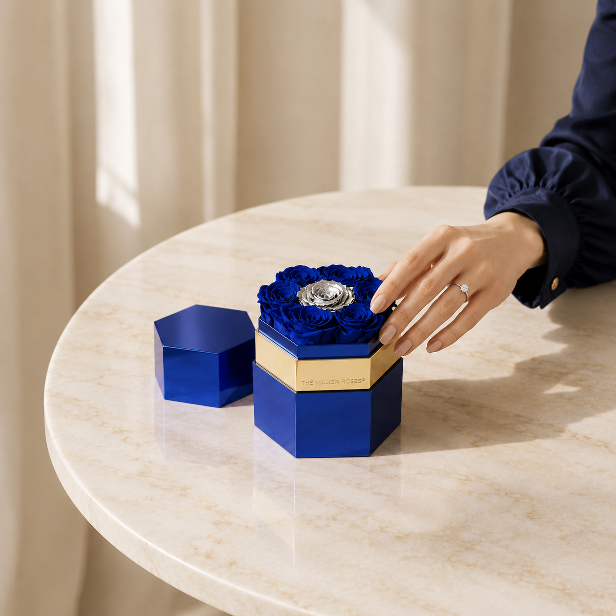 One in a Million™ Mirror Blue Hexagon Box | Dark Blue & Silver Roses