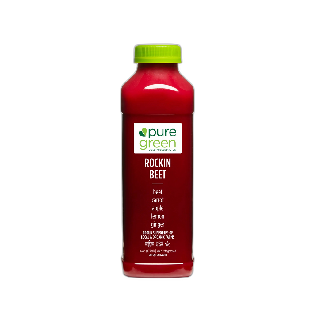 Bottle of pure green Rockin Beet juice on a white background. Cold-Pressed juice drink with Beets, Carrot, Apple, Lemon and Ginger. A NON-GMO juice drink in 16 - oz bottle. The Pure Green Cold Pressed Juice company is a proud supporter of local and organic farms.