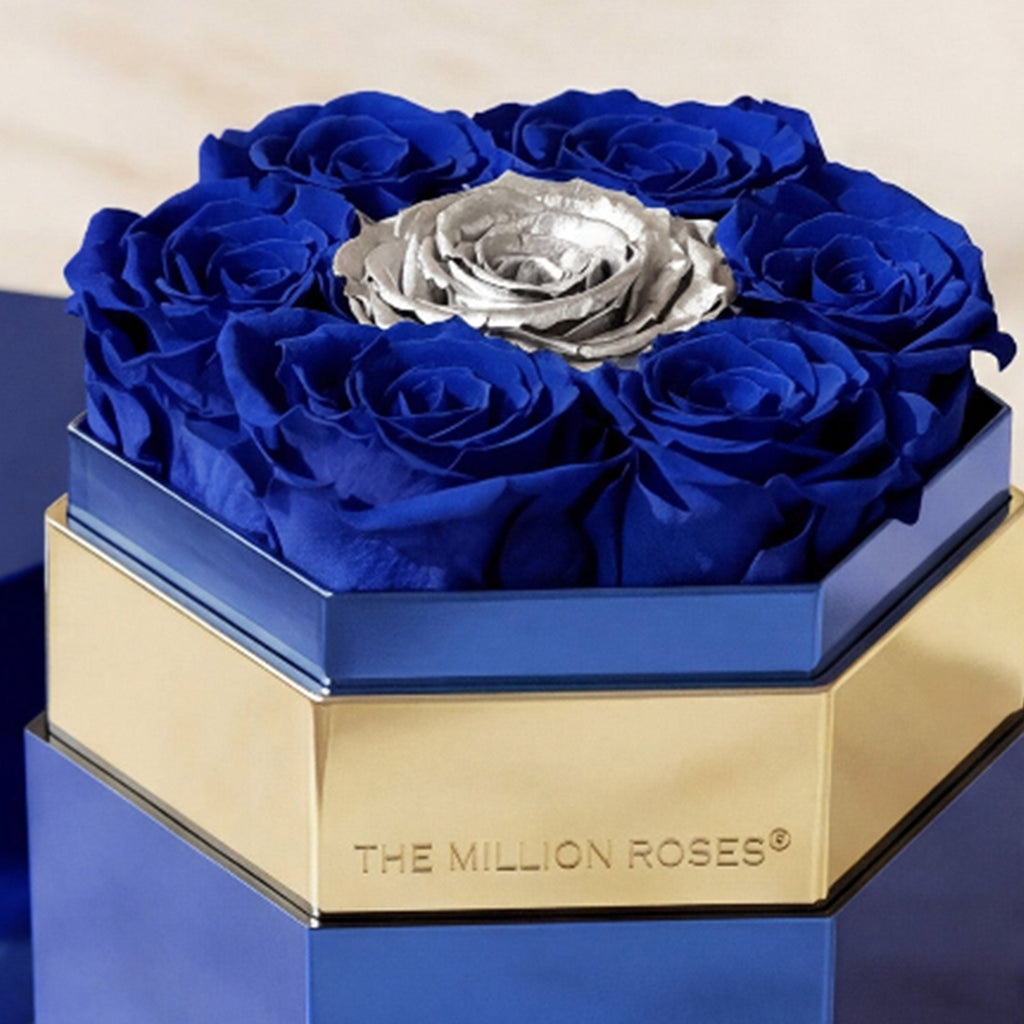 One in a Million™ Mirror Blue Hexagon Box | Dark Blue & Silver Roses