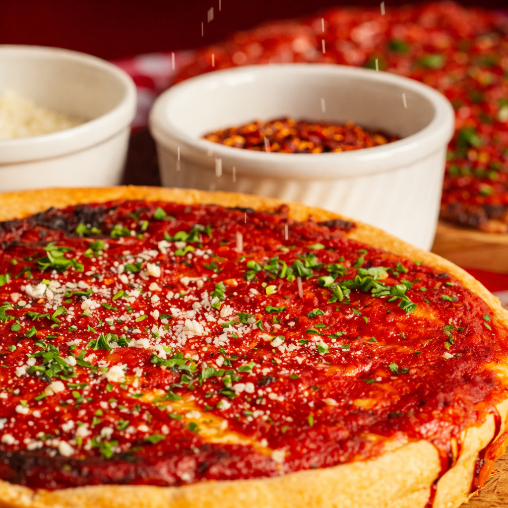 Close-up of a deep-dish pizza with red sauce and green herbs, with two small bowls of spices in the background.
