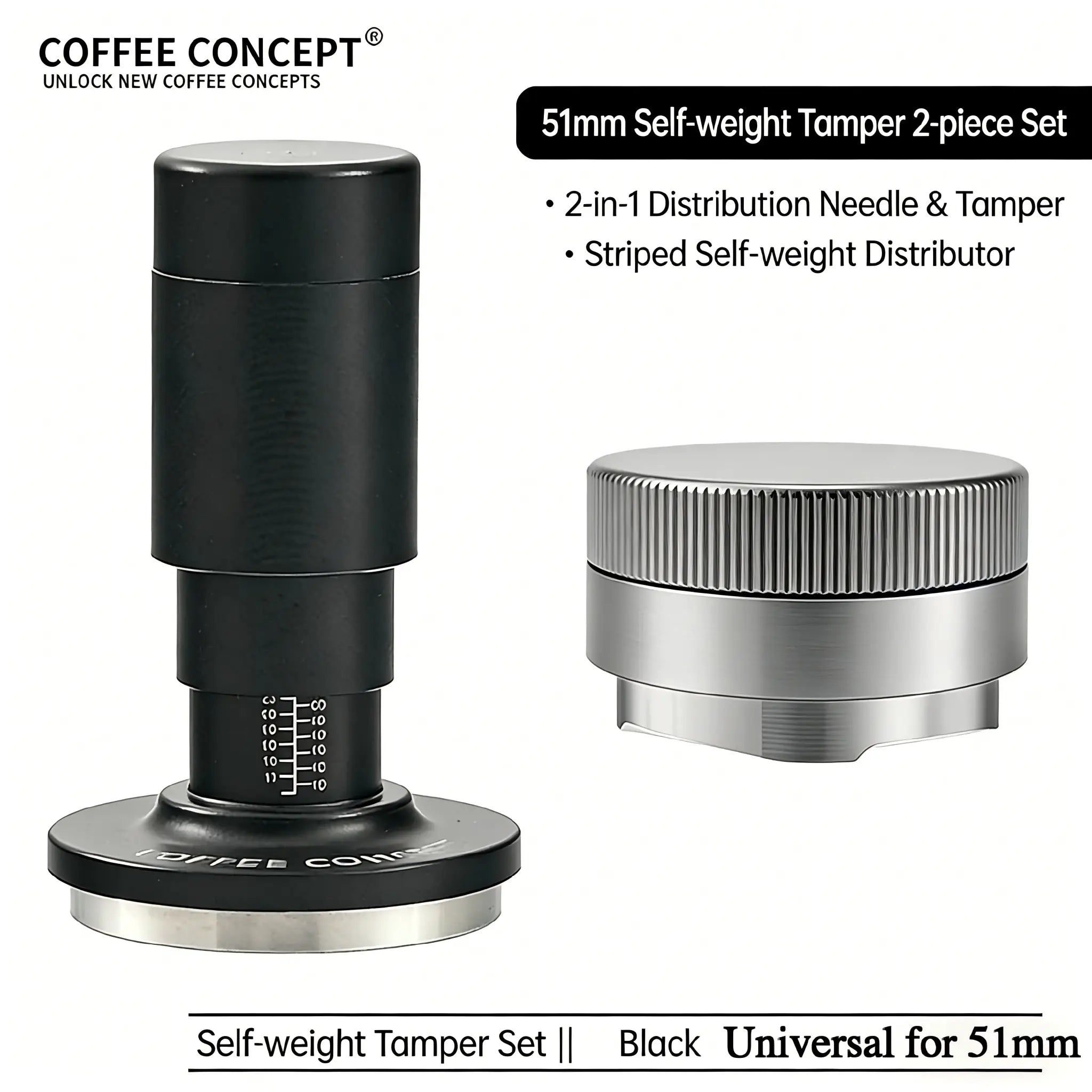 Coffee Concept 51mm self-weight espresso tamper and distributor set with 2-in-1 distribution needle, striped stainless steel coffee leveler and black handle.