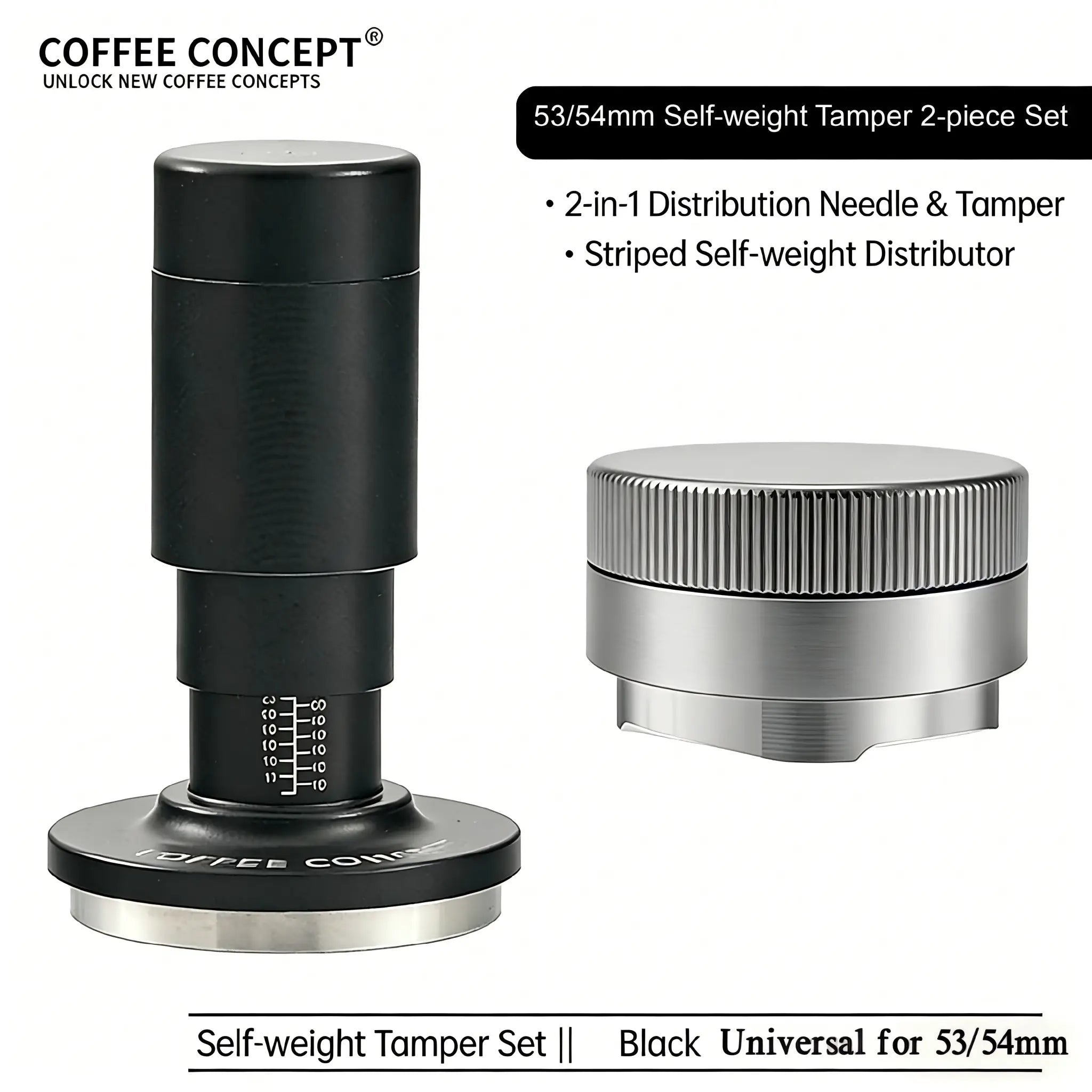 Coffee Concept 53/54mm self-weight espresso tamper and distributor set with 2-in-1 distribution needle, striped stainless steel coffee leveler and black barista tool.