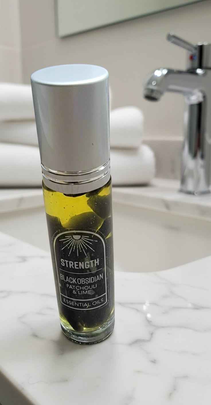 A small roll-on bottle of Strength essential oil featuring an obsidian crystal, sitting on a clean, modern bathroom counter.