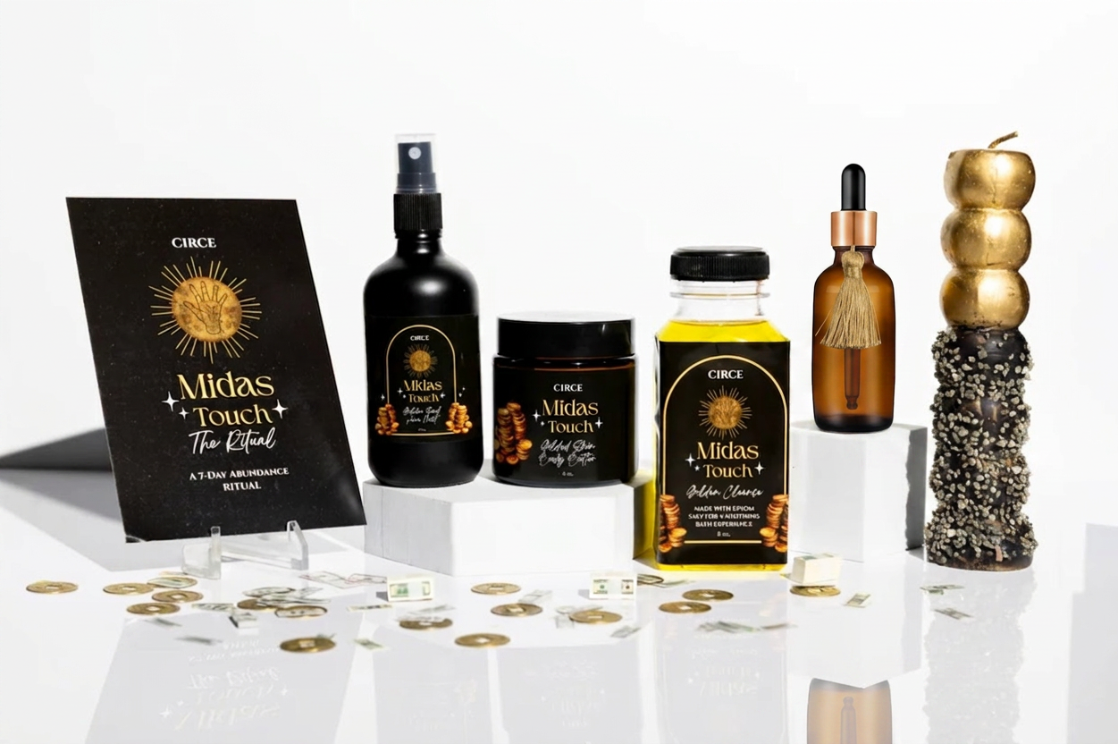 Circe Midas Touch Ritual Collection abundance manifestation self-care gift set with body oil, ritual spray, luxury skincare, gold candle and black-and-gold spiritual wellness products.