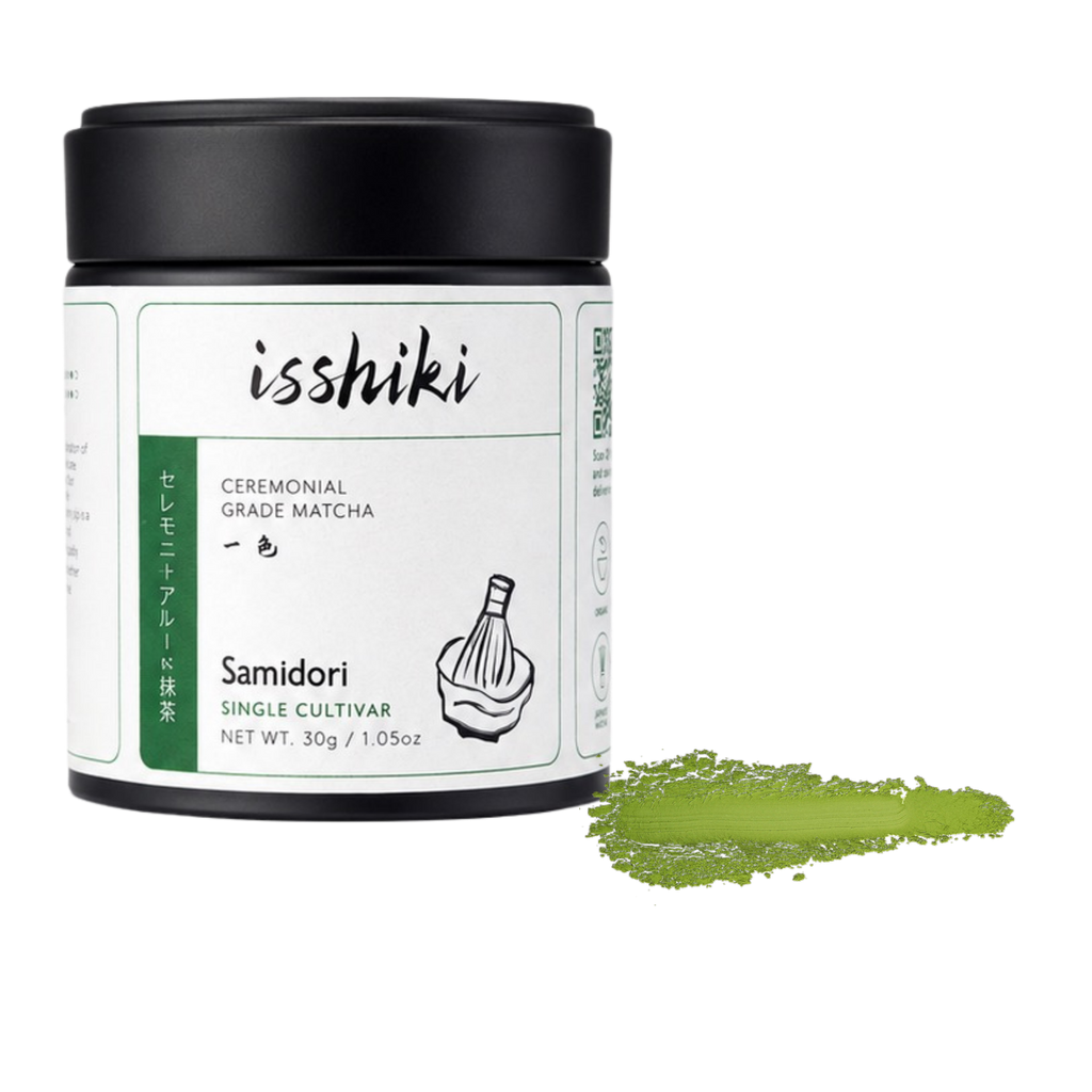 A jar of Isshiki Samidori Ceremonial Grade Matcha green tea powder with a black lid and white label, shown on a white background with a green powder smear.