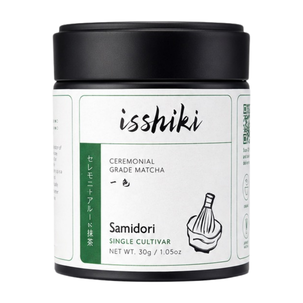 A black plastic jar of Isshiki Samidori Ceremonial Grade Matcha with a white and green label, shown on a solid white background.