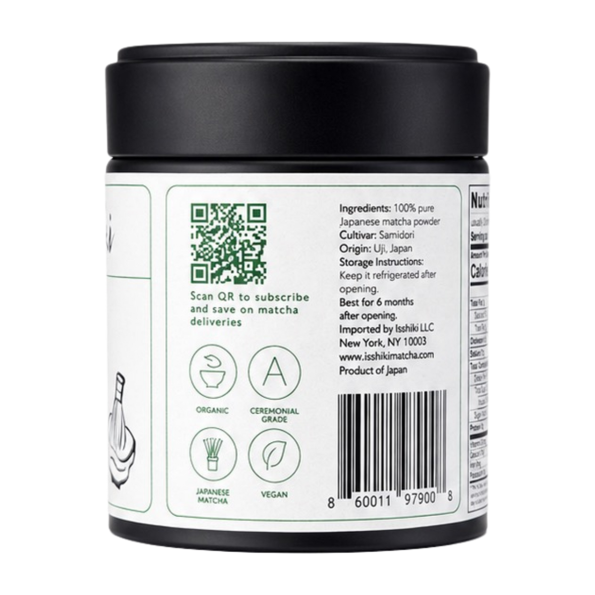 Back label of a matcha powder container with QR code, text, and icons.