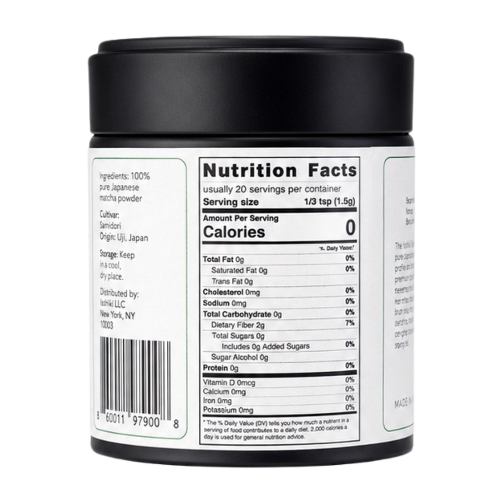 Nutrition facts label on a black container with white label