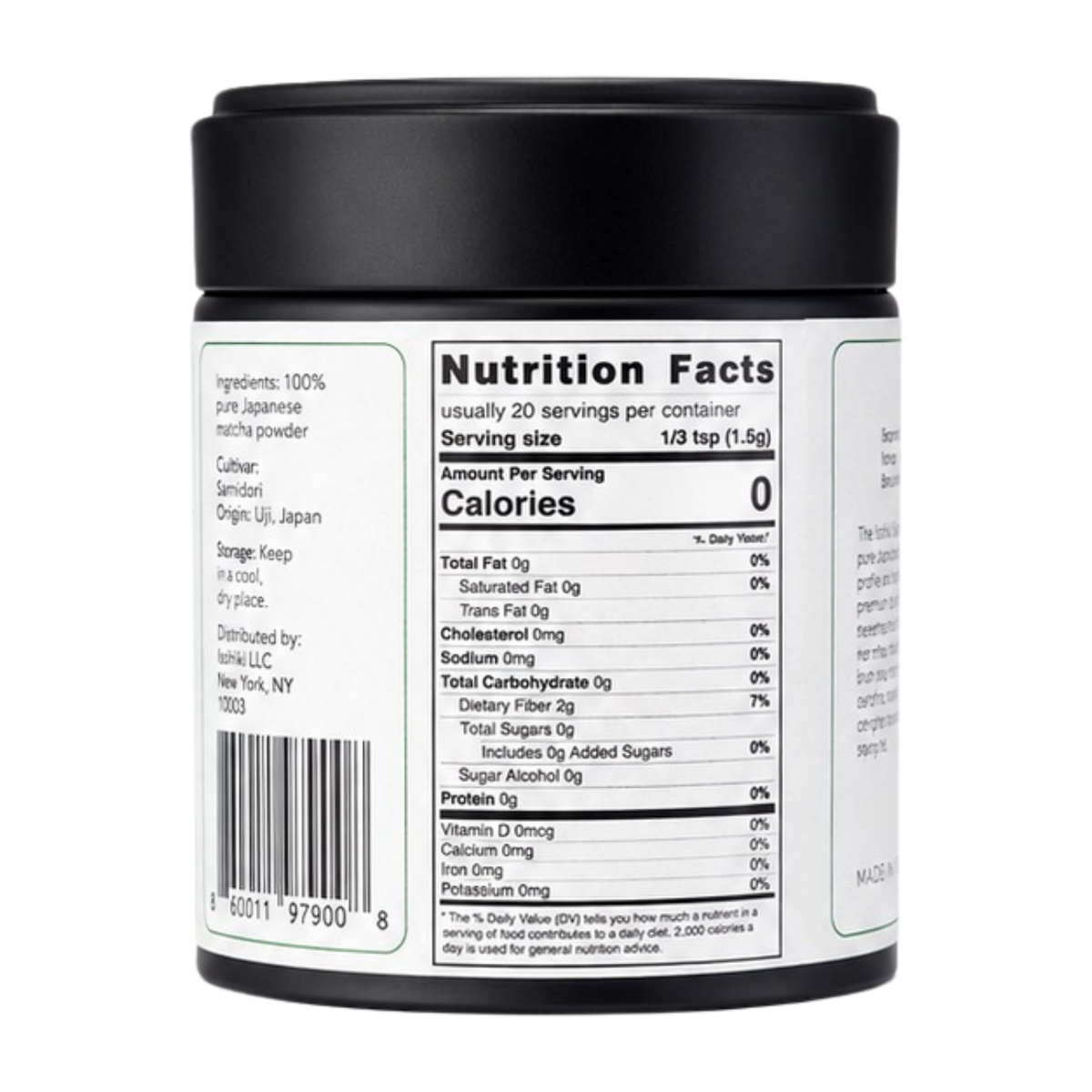 Nutrition facts label on a black container with white label