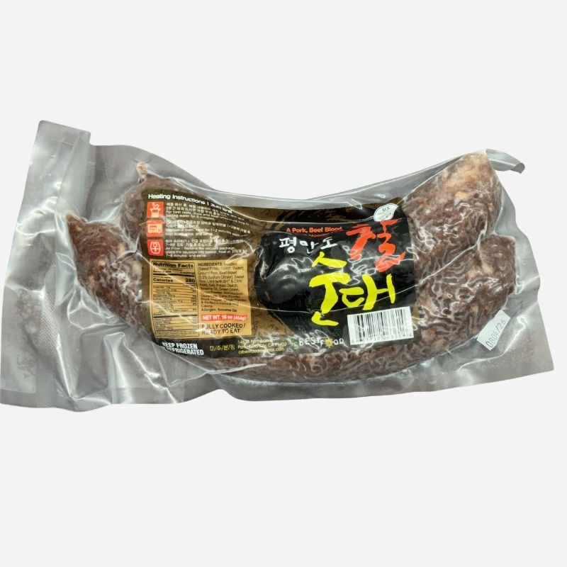 Premium Glutinous Sundae (Korean Blood Sausage) in vacuum-sealed packaging with Korean label, made with glutinous rice, pork, beef blood, and traditional seasonings on a white background.