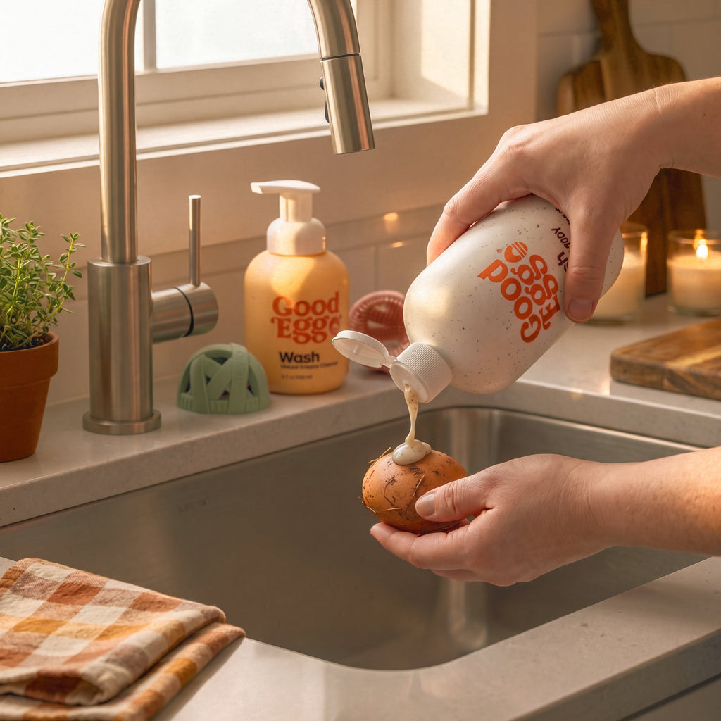 Person using a Good & Gather soap bottle to clean an egg in a kitchen.