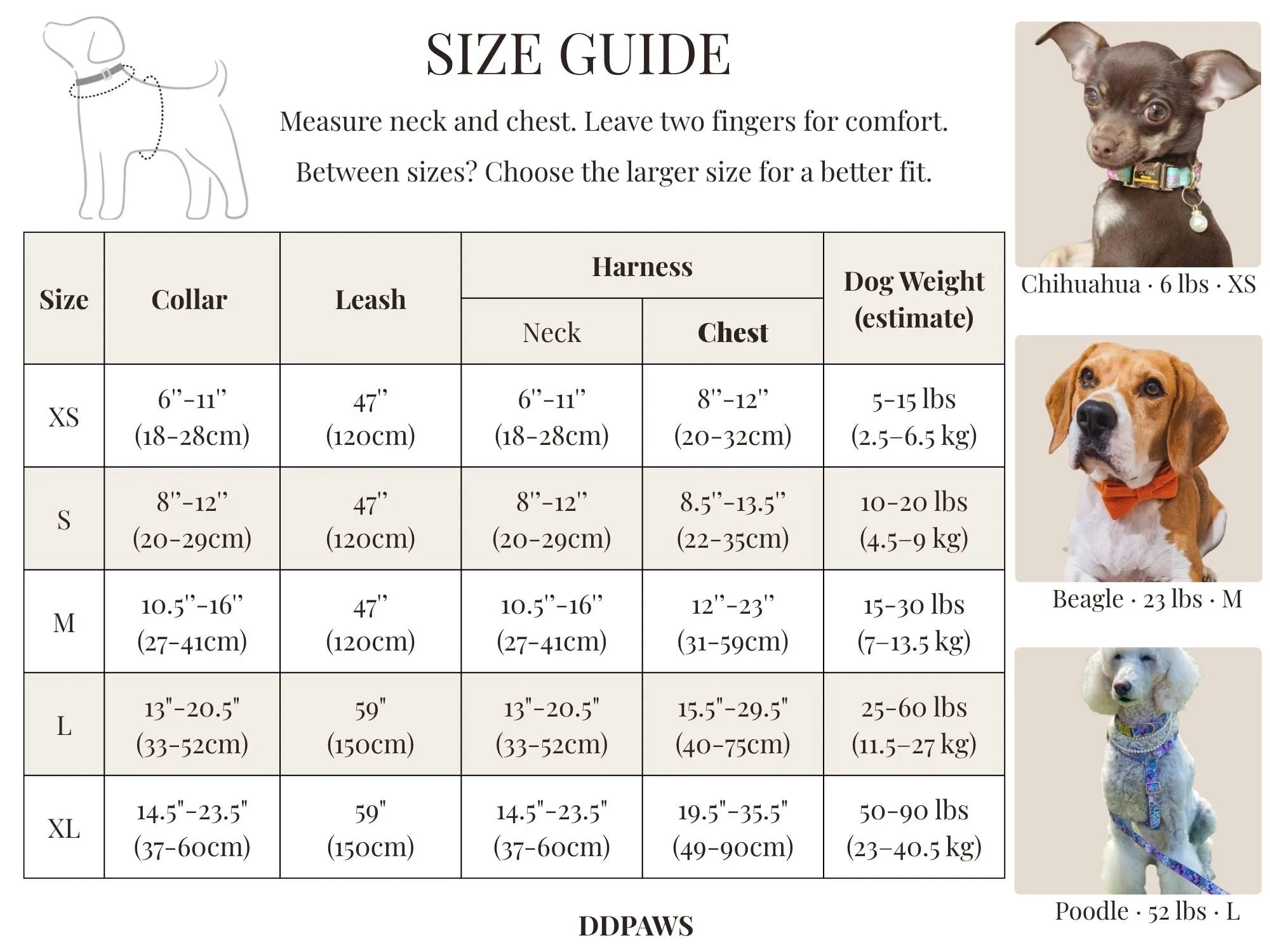 Dog size guide with measurements for collars, leashes, necks, chests, and dog weights for comfy harness with collar.
