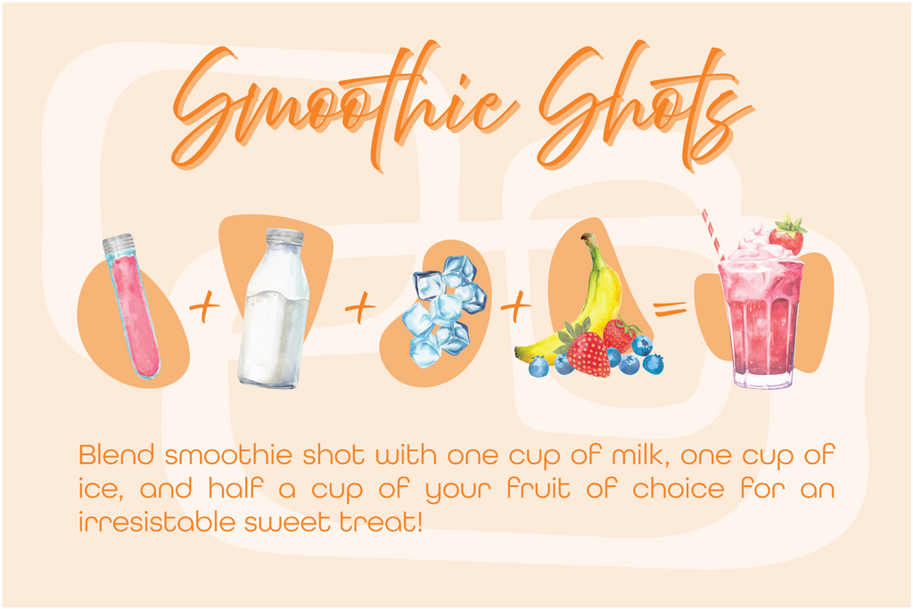 A digital graphic titled 'Smoothie Shots' with watercolor illustrations of ingredients and a blended smoothie. It shows a pink popsicle stick, a milk bottle, ice cubes, a banana, berries, and a pink smoothie cup, with text explaining how to blend them with milk, ice, and fruit.