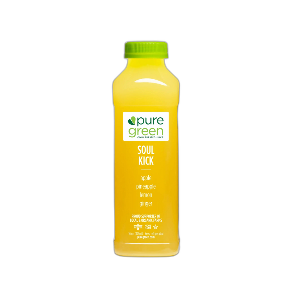 Bottle of pure green juice with a white background. PURE GREEN SOUL KICK: Cold-Pressed NON-GMO Juice Drink with Apple, Pineapple, Lemon and Ginger, No Added Sugar, Gluten-Free