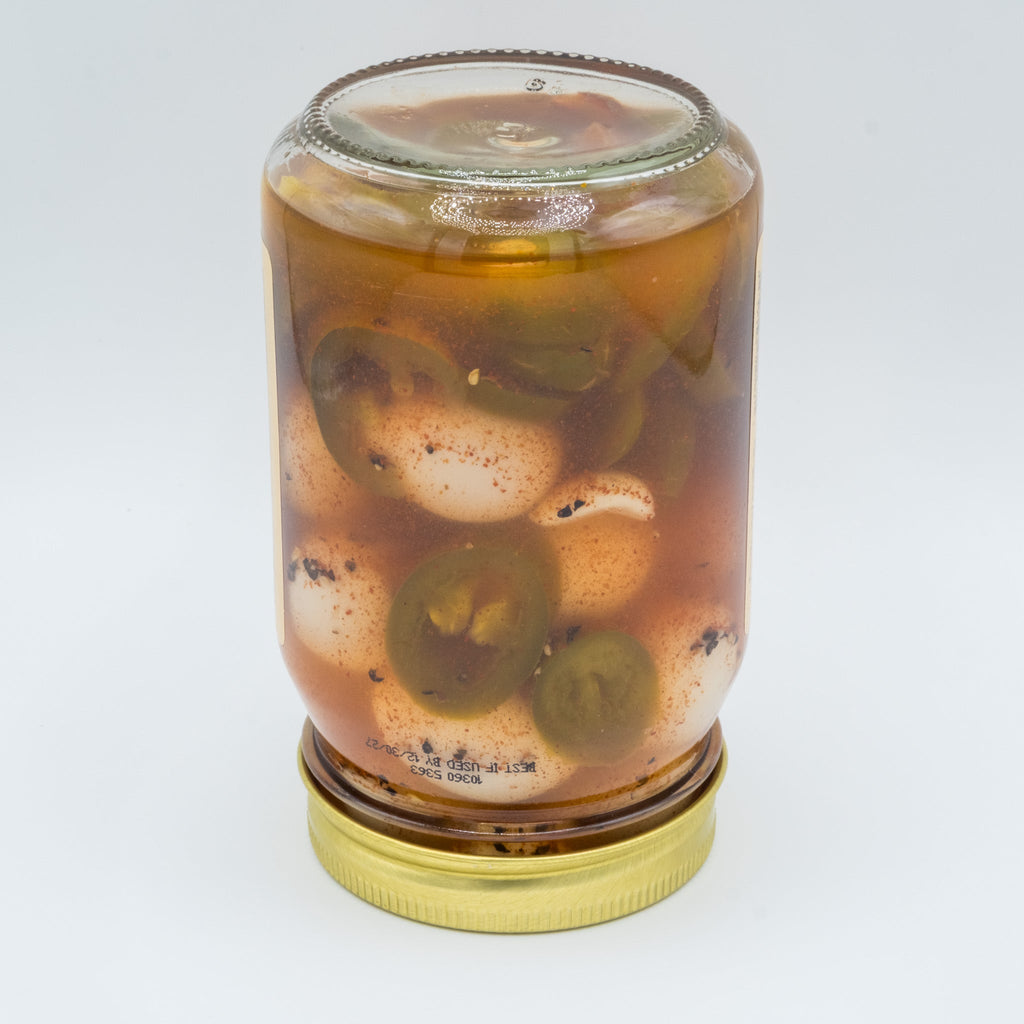 Spicy Pickled Quail Eggs | Jalapeño Brine Protein Snack | Amish Country Store | 16 oz