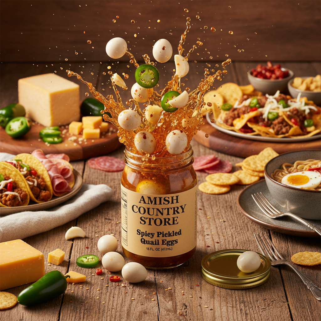 Spicy Pickled Quail Eggs | Jalapeño Brine Protein Snack | Amish Country Store | 16 oz