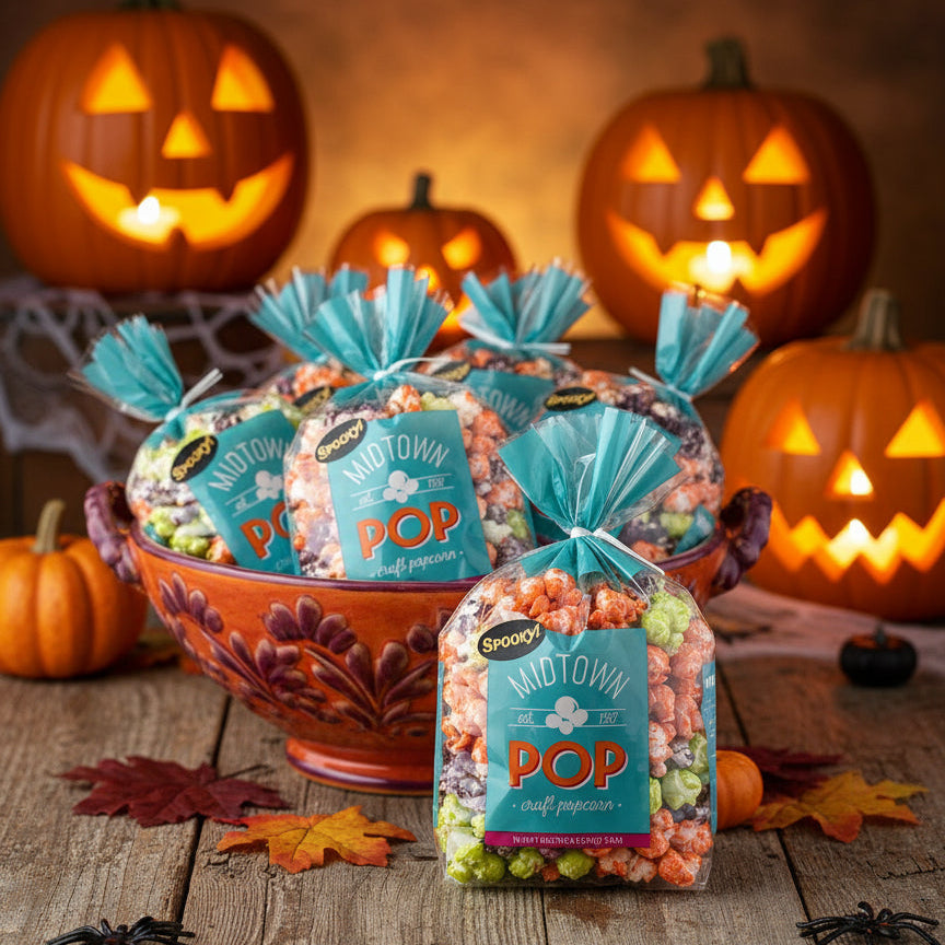 Spooky-themed popcorn bags in a decorative bowl with lit pumpkins in the background.