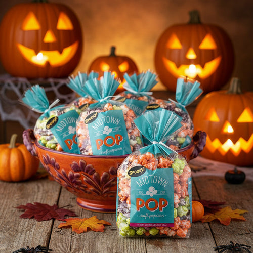 Spooky-themed popcorn bags in a decorative bowl with lit pumpkins in the background.