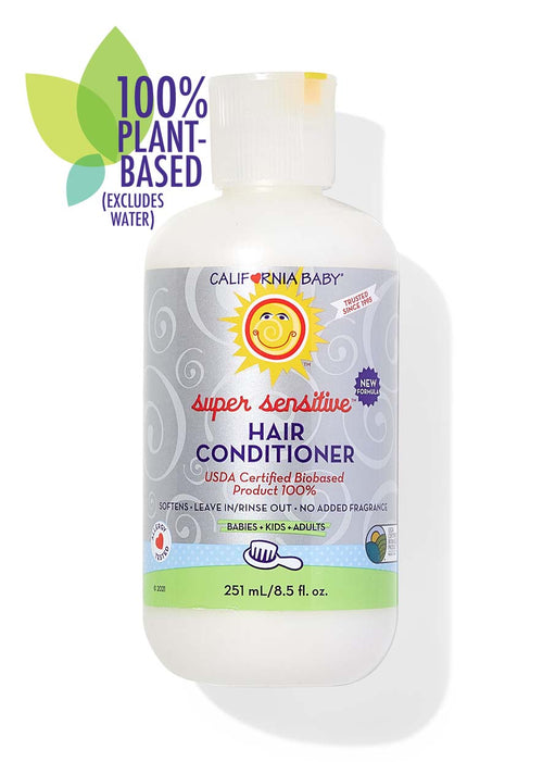 California Baby super sensitive hair conditioner bottle on a white background Caliofrnia Baby® (No Fragrance) Super Sensitive™ Hair Conditioner - USDA Certified Biobased Product 100% Plant-Based 251 mL / 8.5 fl oz