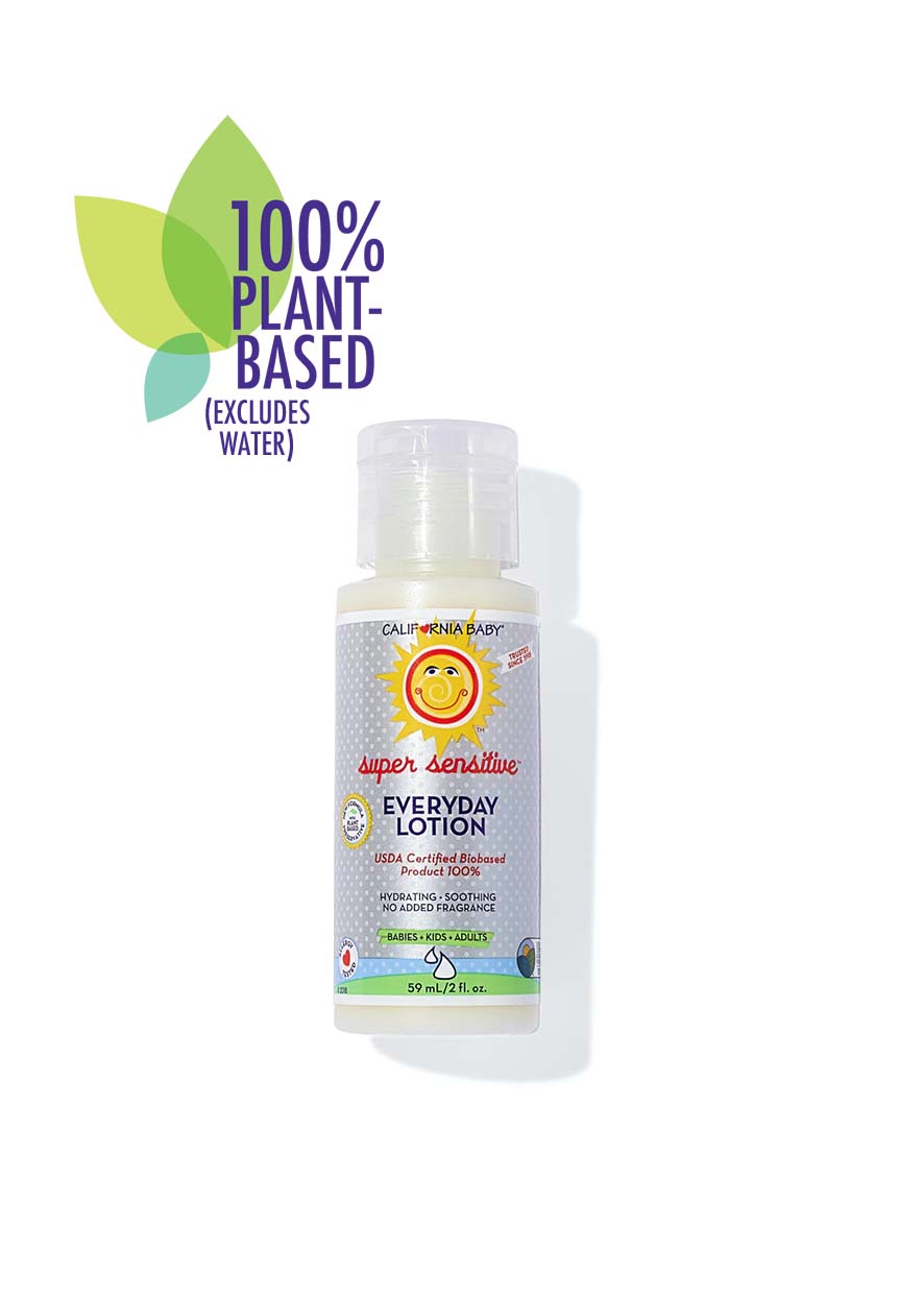 Everyday Lotion bottle with plant-based label on a white background California Baby® (No Fragrance) Super Sensitive™ Everyday Lotion