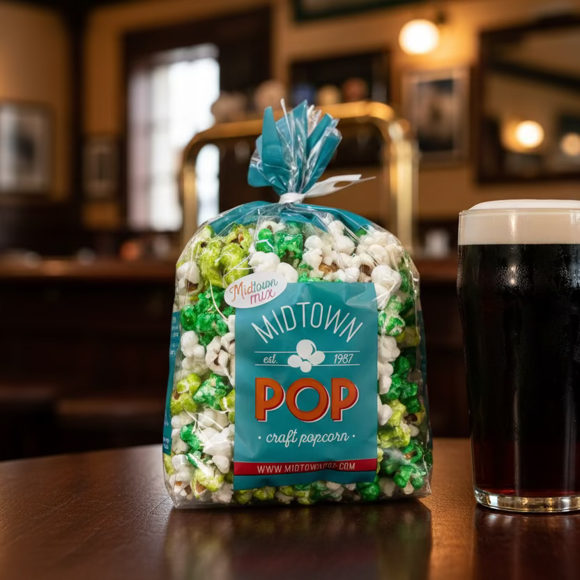 Bag of Midtown Pop craft popcorn with a glass of dark liquid on a bar counter.