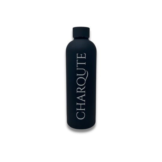 Matte black insulated stainless steel water bottle with vertical CHARQUTE logo on a white background. BPA-free reusable double-wall bottle for hot and cold beverages.