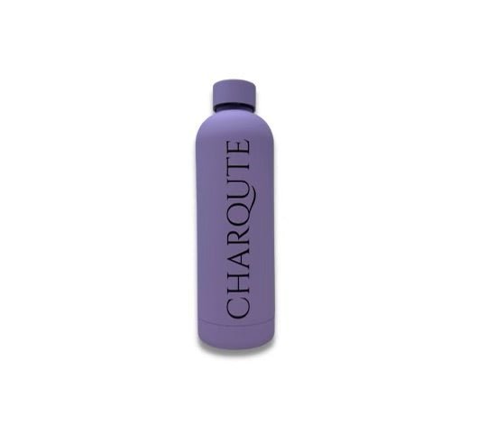 Matte lavender insulated stainless steel water bottle with a vertical CHARQUTE logo on a white background. BPA-free, double-wall reusable bottle designed to keep beverages hot or cold for everyday hydration, travel, work, gym, hiking, commuting, and outdoor adventures.