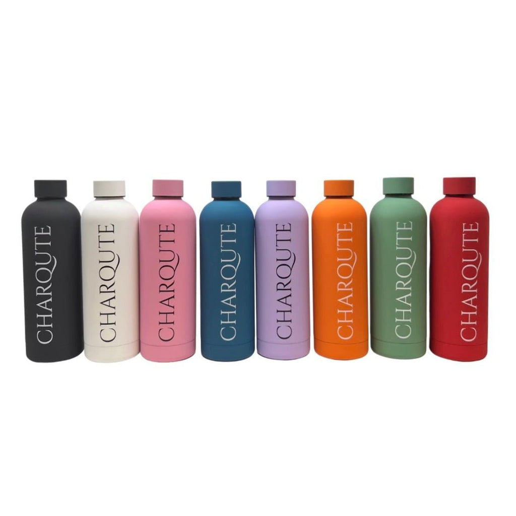 Charqute insulated stainless steel water bottles in black, white, pink, blue, lavender, orange, green, and red on a white background. Double-wall, BPA-free reusable bottles shown in multiple color options.