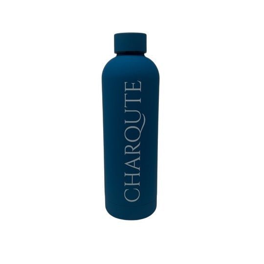 Matte navy blue insulated stainless steel water bottle with vertical CHARQUTE logo on a white background. BPA-free, double-wall reusable bottle designed to keep beverages hot or cold for everyday hydration, travel, work, gym, hiking, and outdoor adventures.