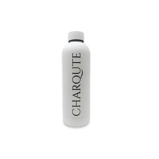 White insulated stainless steel water bottle with a vertical CHARQUTE logo in black, featuring double-wall insulation, a BPA-free reusable design, and a white screw-on lid, displayed on a plain white background.