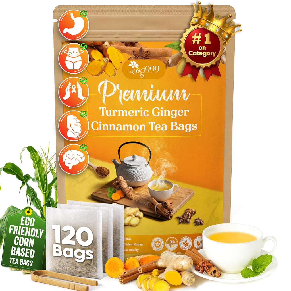 Packaging of Premium Turmeric Ginger Cinnamon Tea Bags with tea-making elements and branding details.