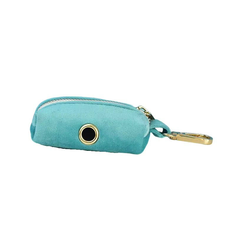 Turquoise keychain pouch with gold clasp on a white background