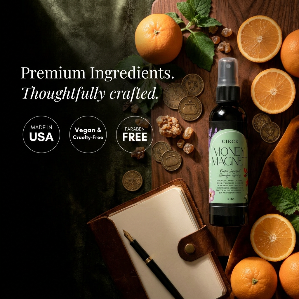 Circe Money Magnet Reiki-Infused Prosperity Smudge Spray with Patchouli, Sweet Orange & Myrrh Essential Oils, surrounded by oranges, coins and herbs – vegan, cruelty-free, paraben-free, made in USA ritual mist for abundance, wealth, luck, manifestation and positive energy