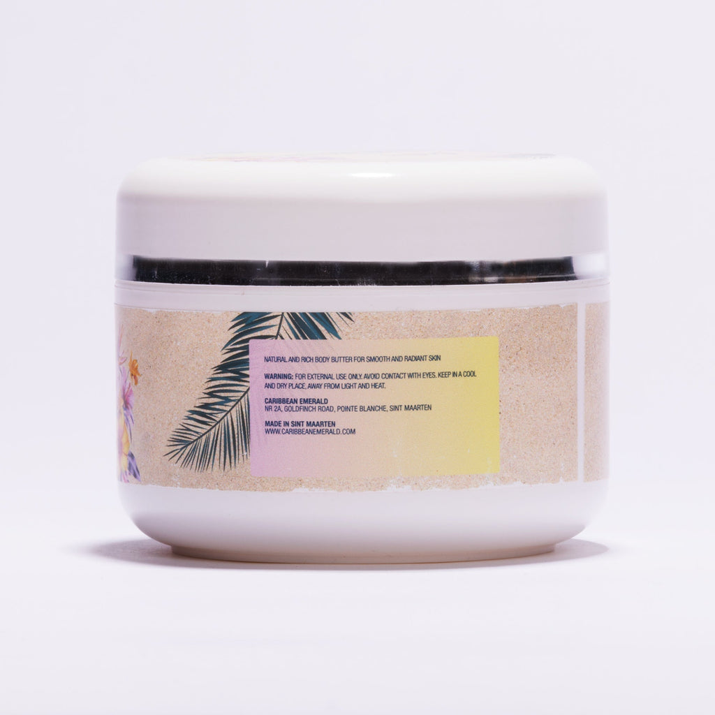 Caribbean Emerald Ultra-Moisturizing Body Butter in white jar with tropical palm leaf label, natural shea butter hydrating skin moisturizer for soft, smooth skin and full-body care