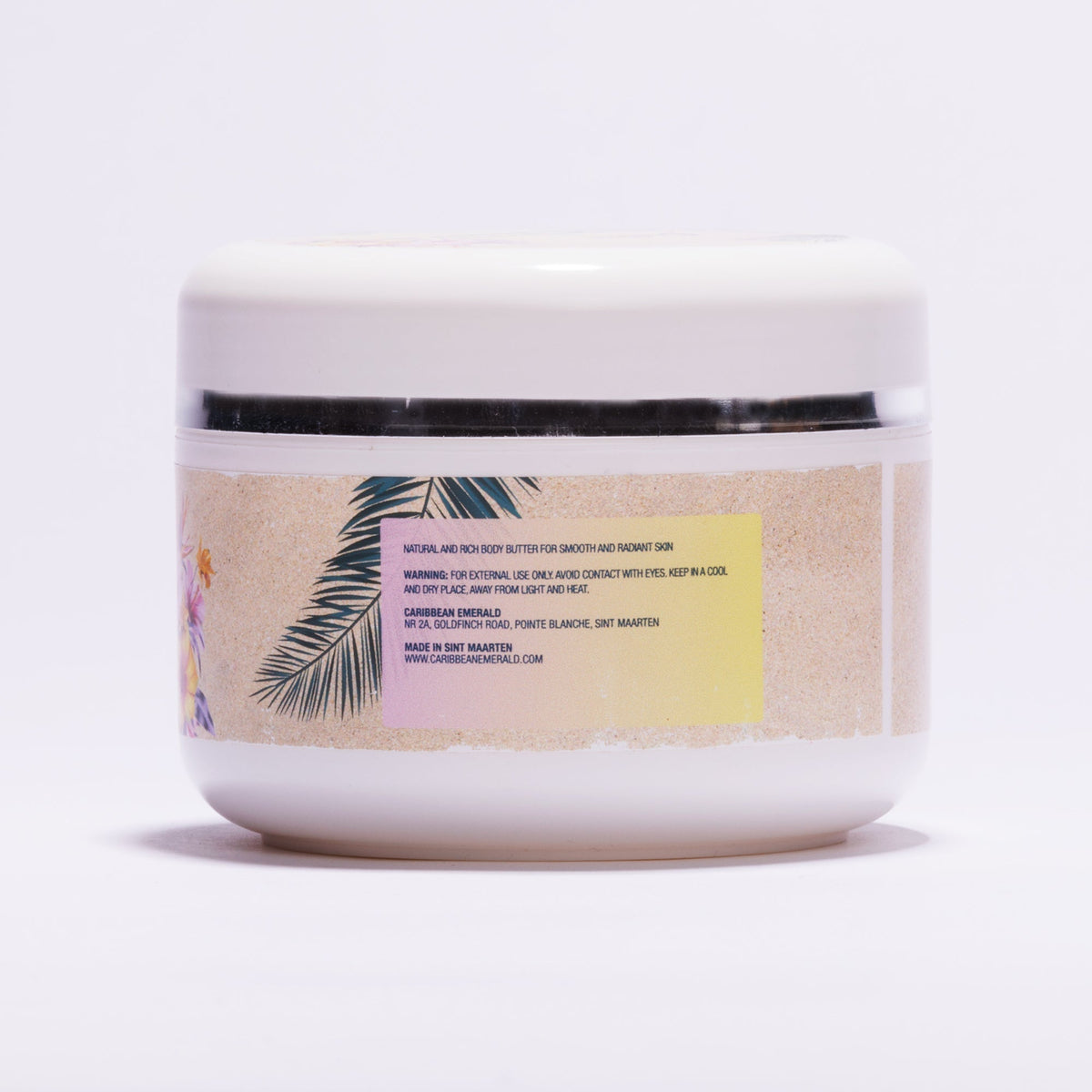 Caribbean Emerald Ultra-Moisturizing Body Butter in white jar with tropical palm leaf label, natural shea butter hydrating skin moisturizer for soft, smooth skin and full-body care