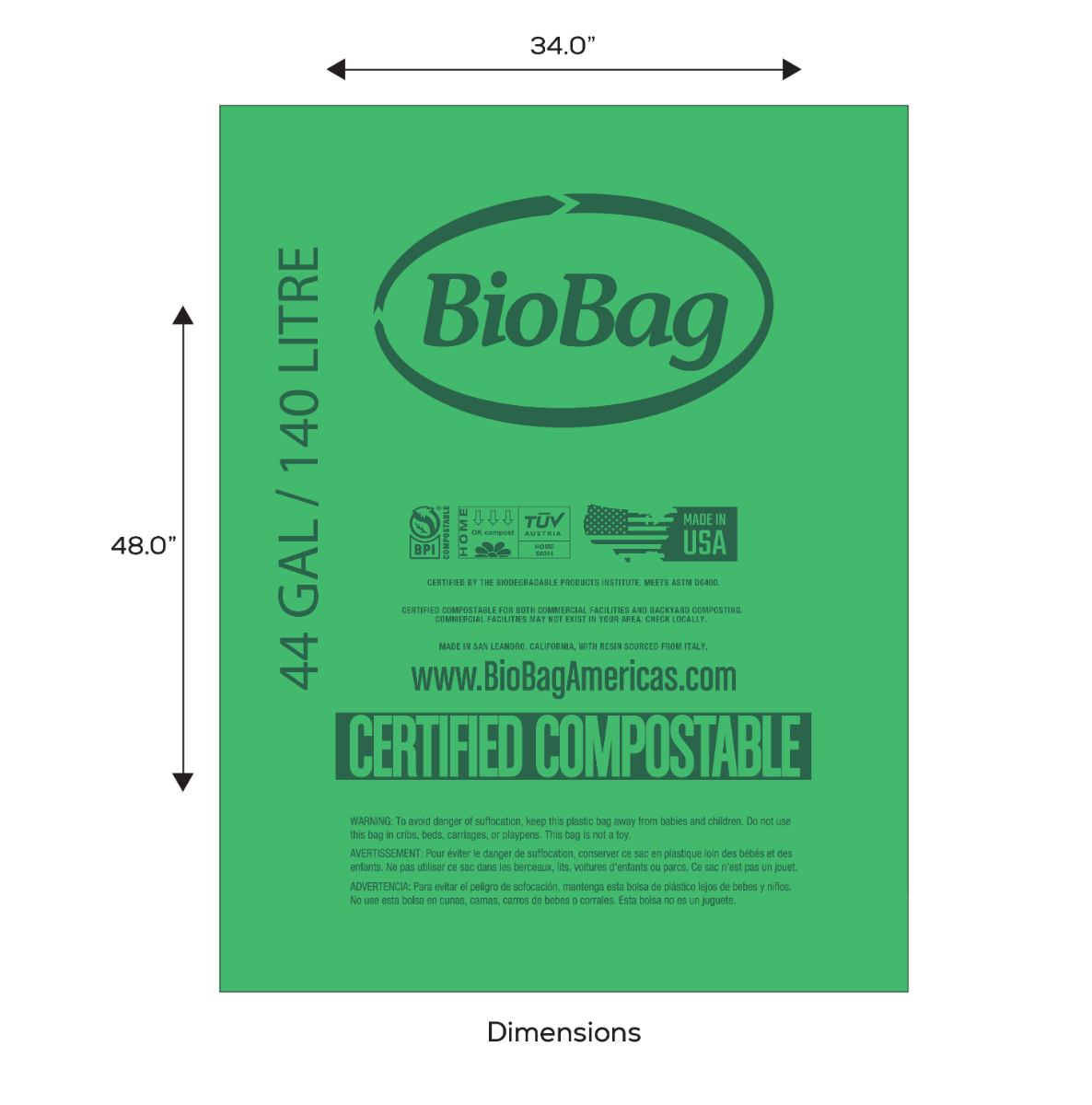 BioBag 44 Gallon Compostable Bags 34x48 Green (QTY 80), BPI Certified, SKU 44G3448
