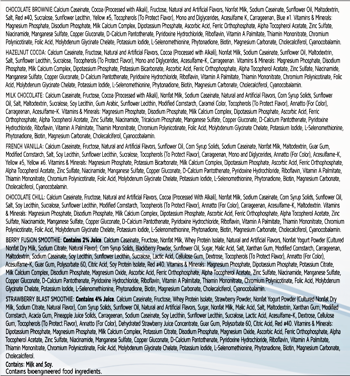 Back of 15g Protein Shake Variety Pack box showing complete ingredient lists, nutrition information, flavor details, and allergen statement on a white background.