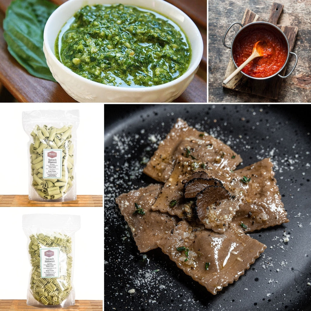 Collage of gourmet vegan Italian foods featuring fresh basil pesto, artisan tomato sauce, spinach rigatoni, spinach radiatori, and truffle-topped vegan ravioli, showcasing premium plant-based ingredients for an authentic Italian pasta-making gift package.
