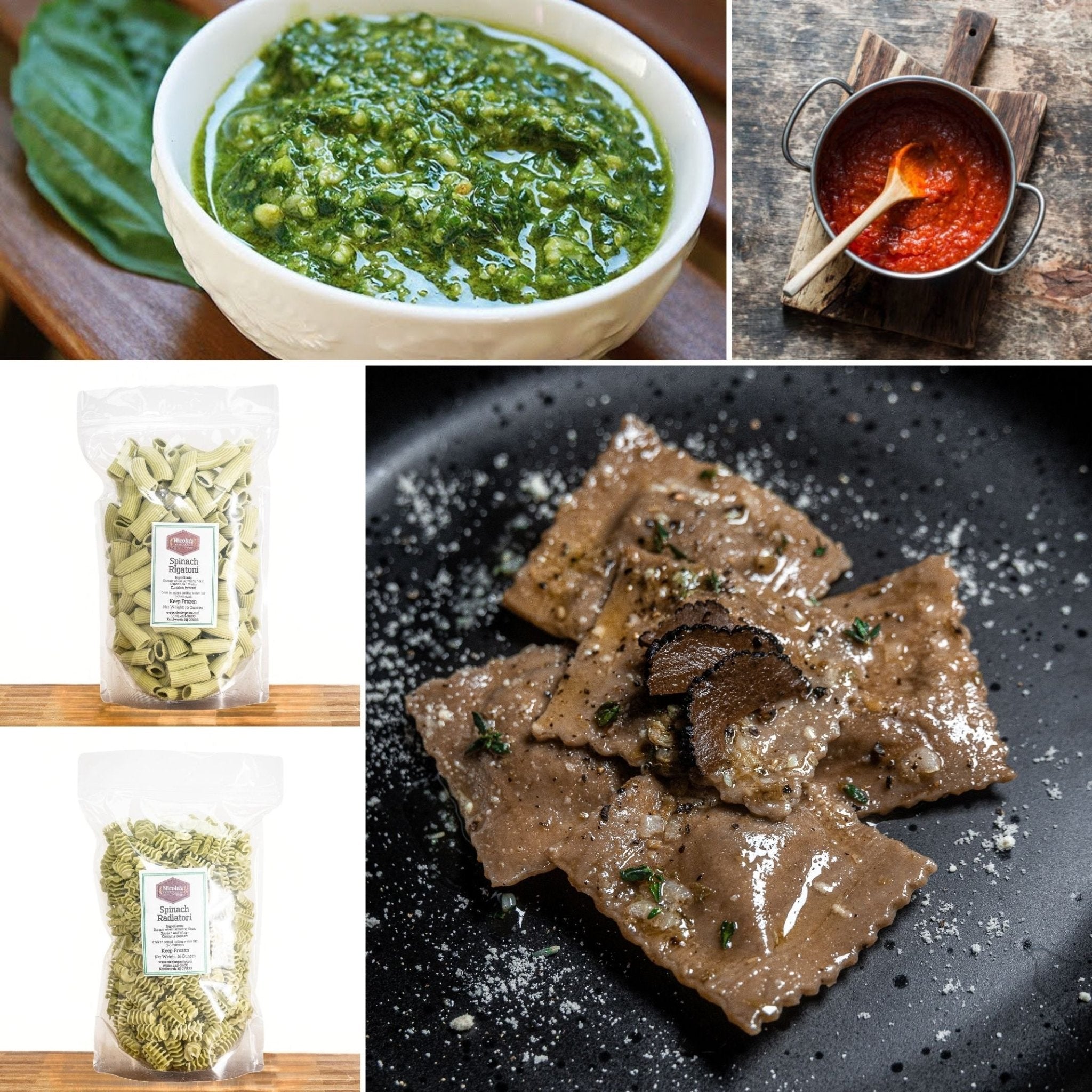 Collage of gourmet vegan Italian foods featuring fresh basil pesto, artisan tomato sauce, spinach rigatoni, spinach radiatori, and truffle-topped vegan ravioli, showcasing premium plant-based ingredients for an authentic Italian pasta-making gift package.
