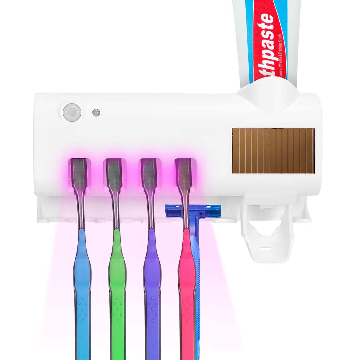Colorful toothbrushes with a UV light and toothpaste tube on a white  background Wall Mounted Toothbrush Sanitizer Holder IR Induction UV Sanitization Rack